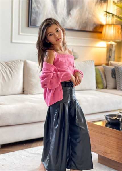 \\"Hilal Akıncı Girls' 3-Piece Outfit Set with Buttoned Knit Cardigan, Crop Top, and Wide Leg Leather Pants - 0265\\"