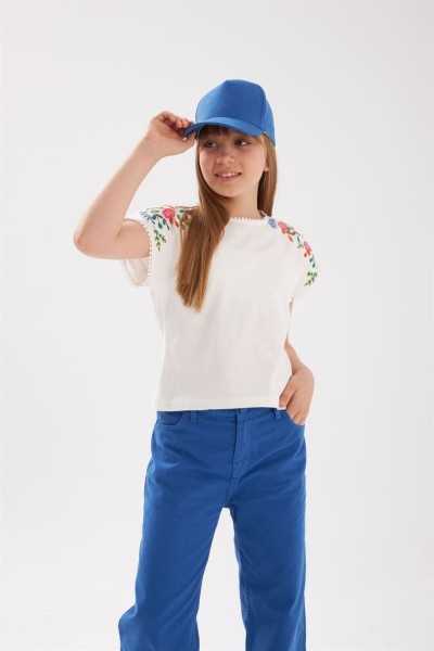 \"Hilal Akinci Girls' 3-Piece Set: Embroidered White Blouse, Colorful Pants, and Hat - Model HA-165\"