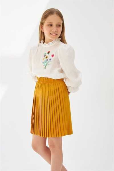 \"Hilal Akıncı Floral Embroidered Long Sleeve Blouse and Colorful Pleated Skirt Set for Girls - K0023\"