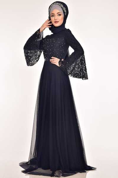 ModaMerve Stone Detailed Lace Evening Dress Navy Blue Asm2167