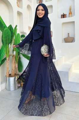 Bym Fashion Dantel İşleme Detay Kuşaklı Şifon Abaya 7886 Lacivert