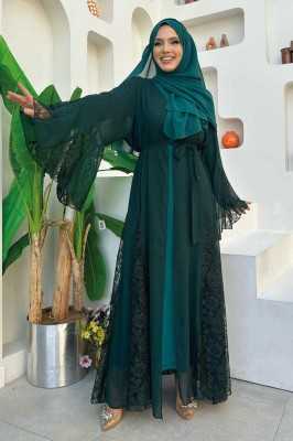 Bym Fashion Dantel İşleme Detay Kuşaklı Şifon Abaya 7886 Lacivert