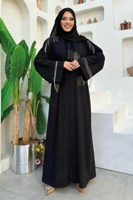 Bym Fashion Zincir Püskül Detay Şallı Abaya 7887 Gri