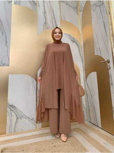 Bym Fashion Chiffon Ruffle Look Abaya Triple Set 8411 Tan 9043