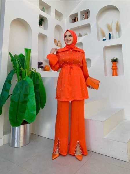 Bym Fashion Pearl Length Zipper Jacket and Slit Detailed Pants Set 8415 Orange 8789