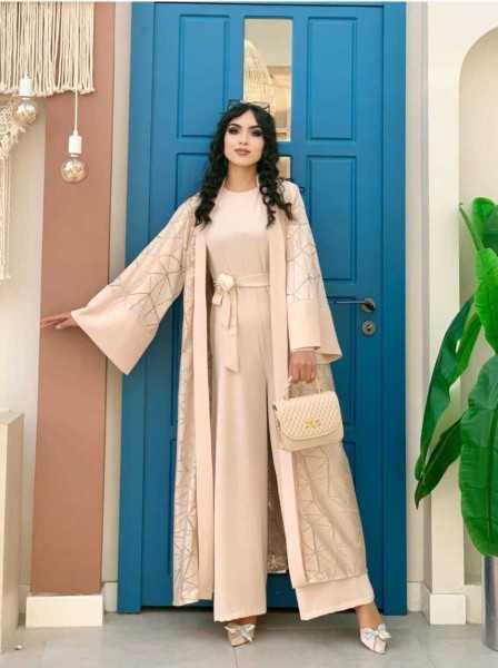 Bym Fashion Lace Abaya Waist Belted Pocket Detailed Jumpsuit Set 3782 Stone 8740