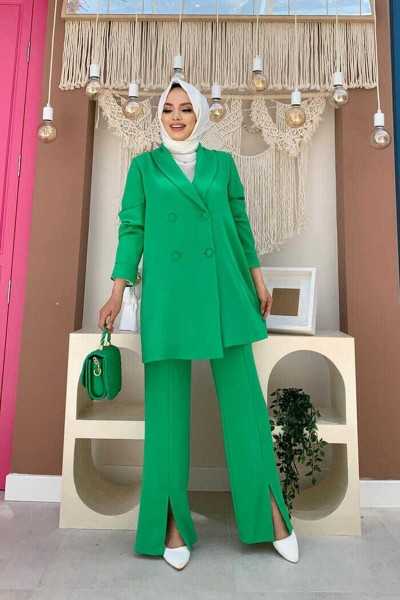 Bym Fashion Button Detailed Jacket Slit Look Pants Set 8293 Green 2849