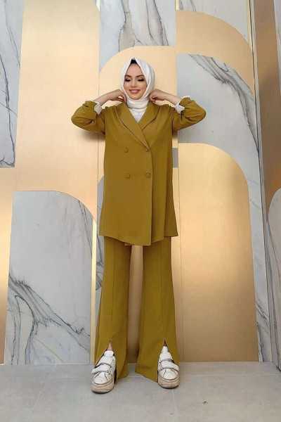 Bym Fashion Button Detailed Jacket Slit Look Pants Set 8293 Mustard 2846