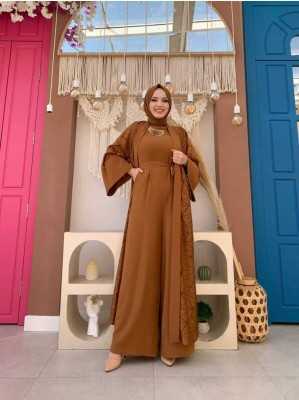 Bym Fashion Dantel Abaya Bel Kuşaklı Cep Detaylı Tulum Takım 3782 Taba 8741 Bym Fashion Dantel Abaya Bel Kuşaklı Cep Detaylı Tulum Takım 3782 Taba 8741