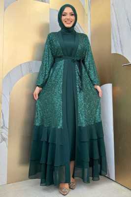 Bym Fashion Pulpayet İşlemeli Abaya ve Elbise Takım 8483 Zümrüt Bym Fashion Pulpayet İşlemeli Abaya ve Elbise Takım 8483 Zümrüt