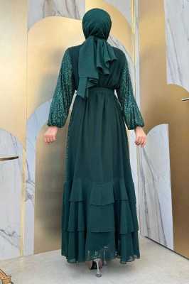 Bym Fashion Pulpayet İşlemeli Abaya ve Elbise Takım 8483 Zümrüt