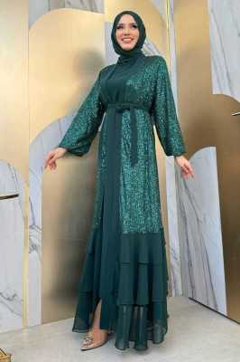 Bym Fashion Pulpayet İşlemeli Abaya ve Elbise Takım 8483 Zümrüt