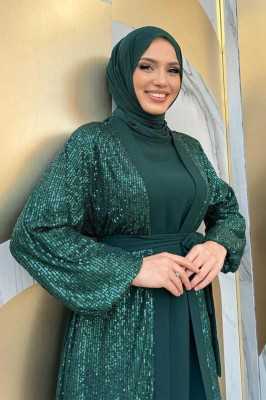 Bym Fashion Pulpayet İşlemeli Abaya ve Elbise Takım 8483 Zümrüt Bym Fashion Pulpayet İşlemeli Abaya ve Elbise Takım 8483 Zümrüt