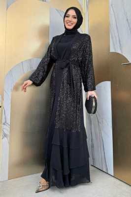 Bym Fashion Pulpayet İşlemeli Abaya ve Elbise Takım 8483 Zümrüt