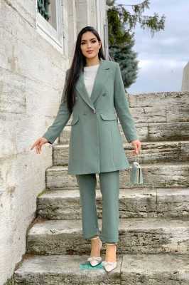 Bym Fashion Düğme Detaylı Kısa Ceket Pantolon Takım 8352 Mint 2833 Bym Fashion Düğme Detaylı Kısa Ceket Pantolon Takım 8352 Mint 2833