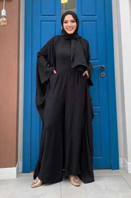 Bym Fashion Şalıyla Birlikte Tulum ve Abaya İkili Takım 8519 Siyah