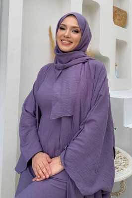 Bym Fashion Şalıyla Birlikte Tulum ve Abaya İkili Takım 8519 Lila