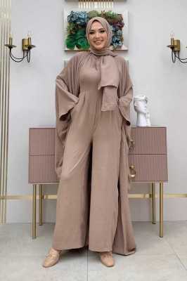 Bym Fashion Şalıyla Birlikte Tulum ve Abaya İkili Takım 8519 Lila