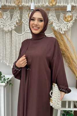 Bym Fashion Bel Bilek Kısımları Taşlı Elbiseli Abaya Takım 8490 Kahverengi Bym Fashion Bel Bilek Kısımları Taşlı Elbiseli Abaya Takım 8490 Kahverengi